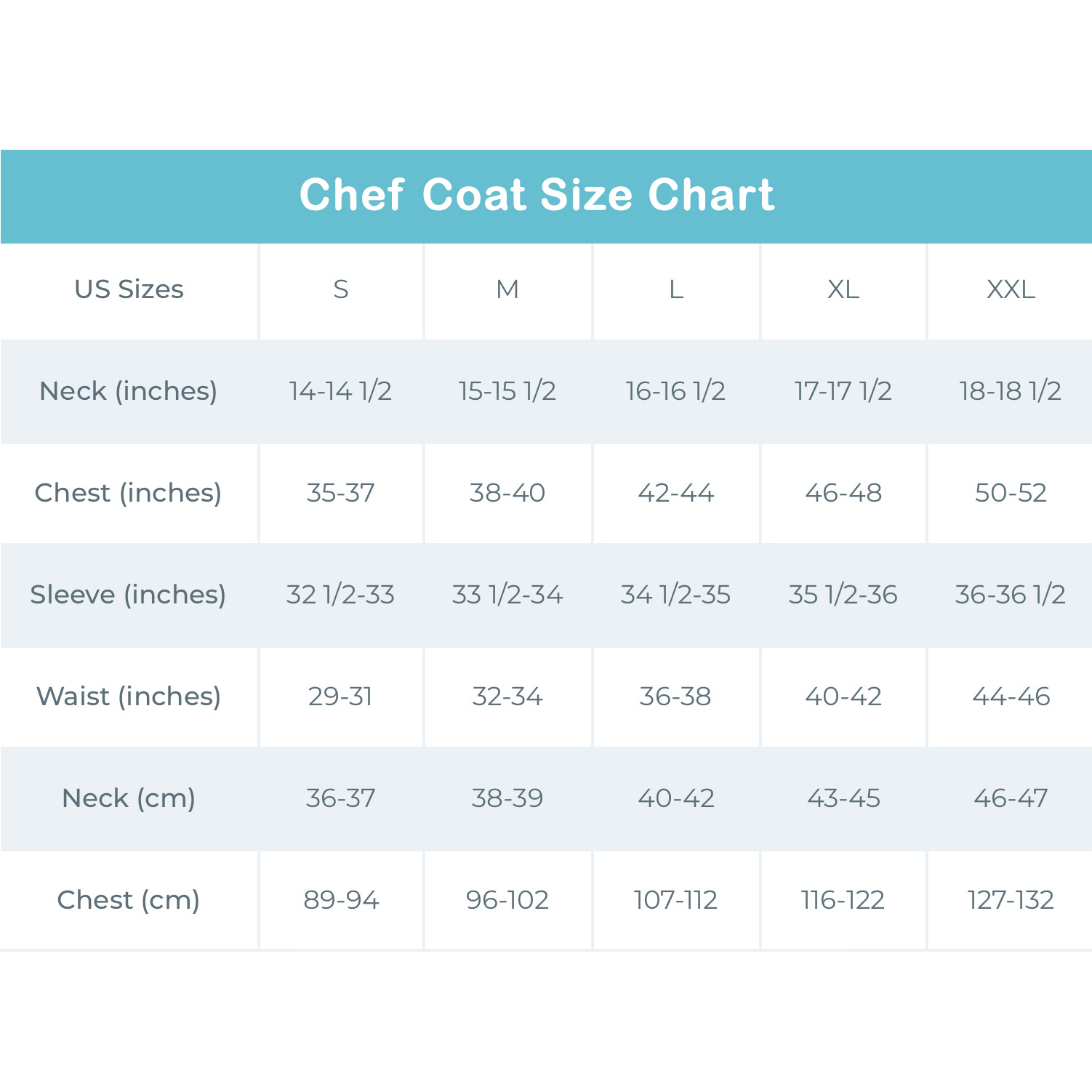 Chef Jacket Size Chart