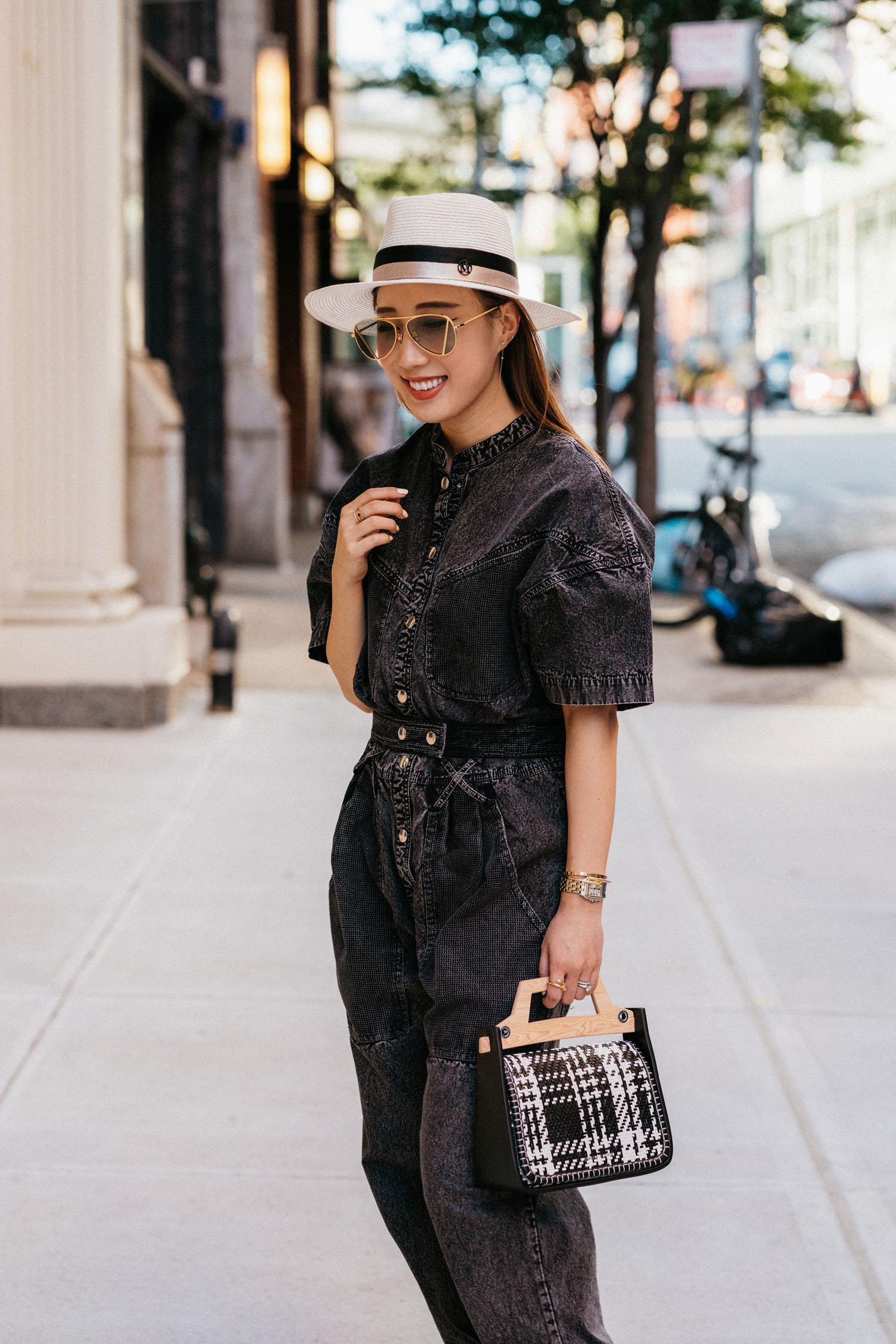 Isabel Marant Jumpsuit,Charles& Keith Bag,Charles&基思鞋,Maison Michel Hat,Charles&基思太阳镜