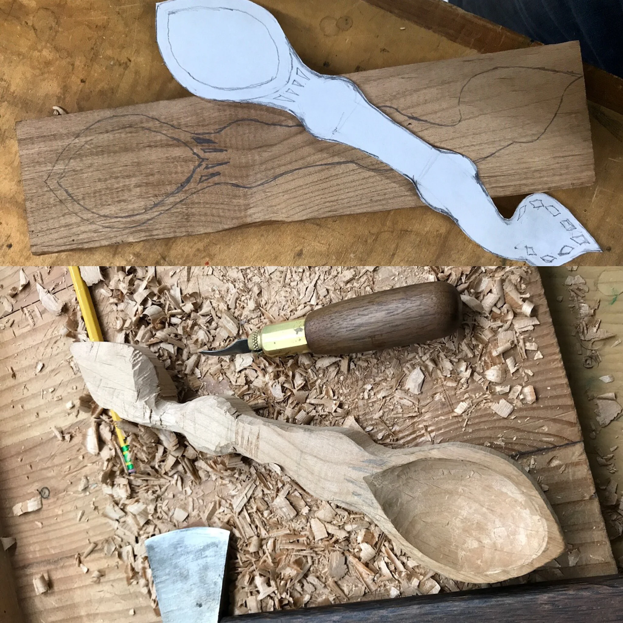 Another alder spoon in different stages. First the pattern, second roughing out with a hatchet.