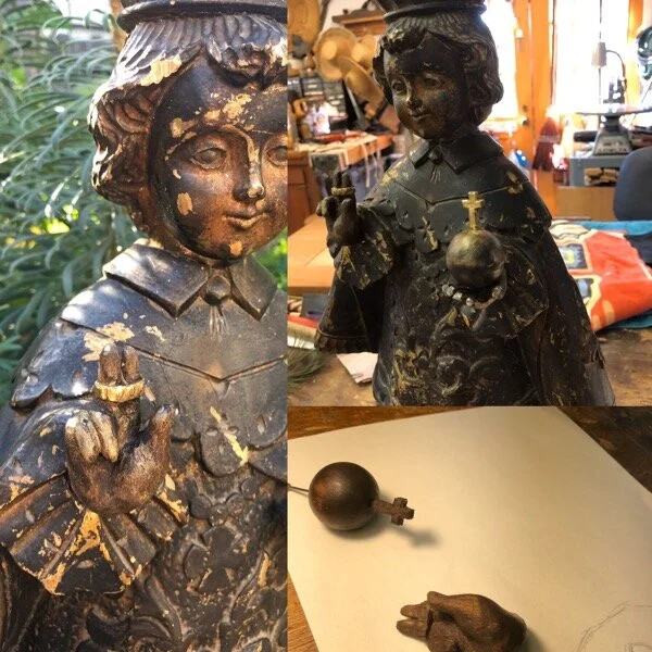 One of my repair jobs. This is The infant Jesus of Prague. He was brought to me with the raised had missing and holding nothing but a tiny nail in his left hand.