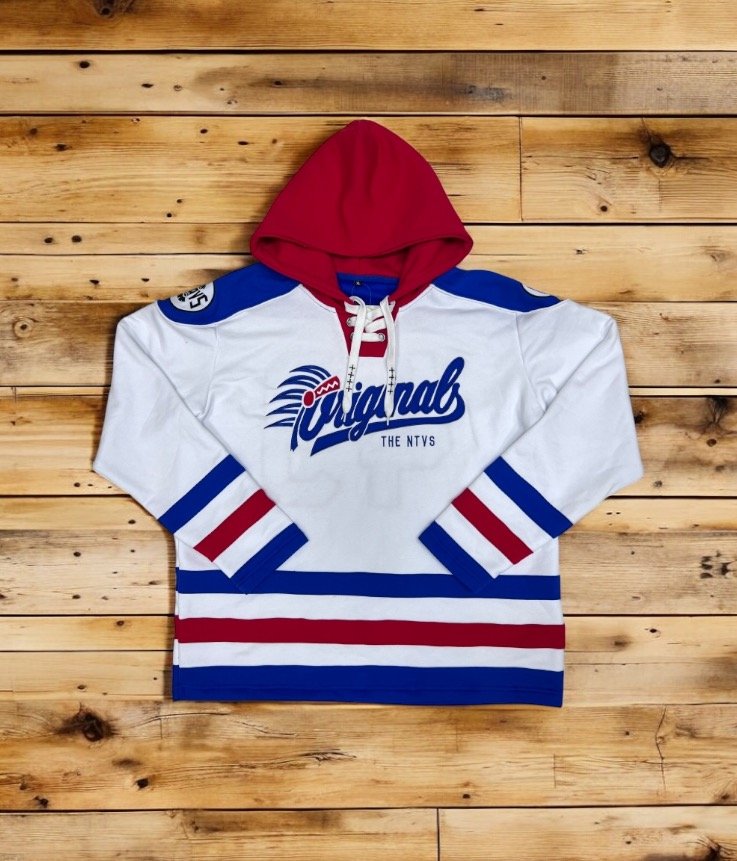 NTVS Originals Lace Up Hoodie Blue Red and White PREORDER The NTVS Native American Clothing