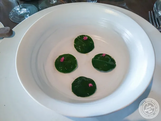 在ramson叶子包裹的甜虾在诺玛在哥本哈根,丹麦
