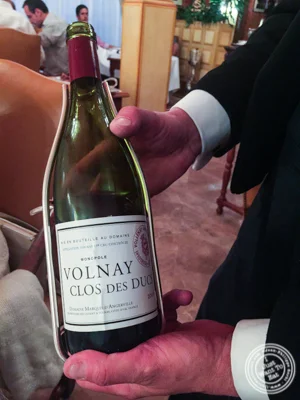 Bottle of Volnay Clos Des Ducs at at L'Auberge du Pont de Condongesof Paul Bocuse in France