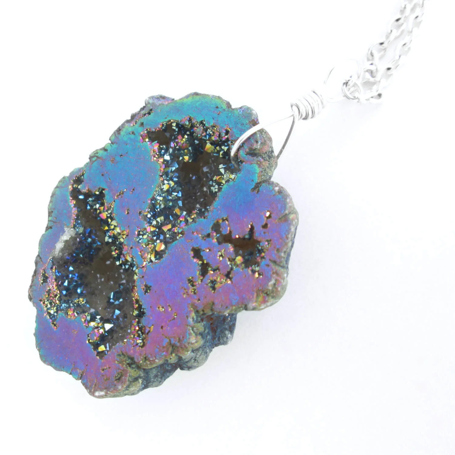 Rainbow Druzy Pendant Raw Quartz Geode Metallic Aura Cindylouwho2