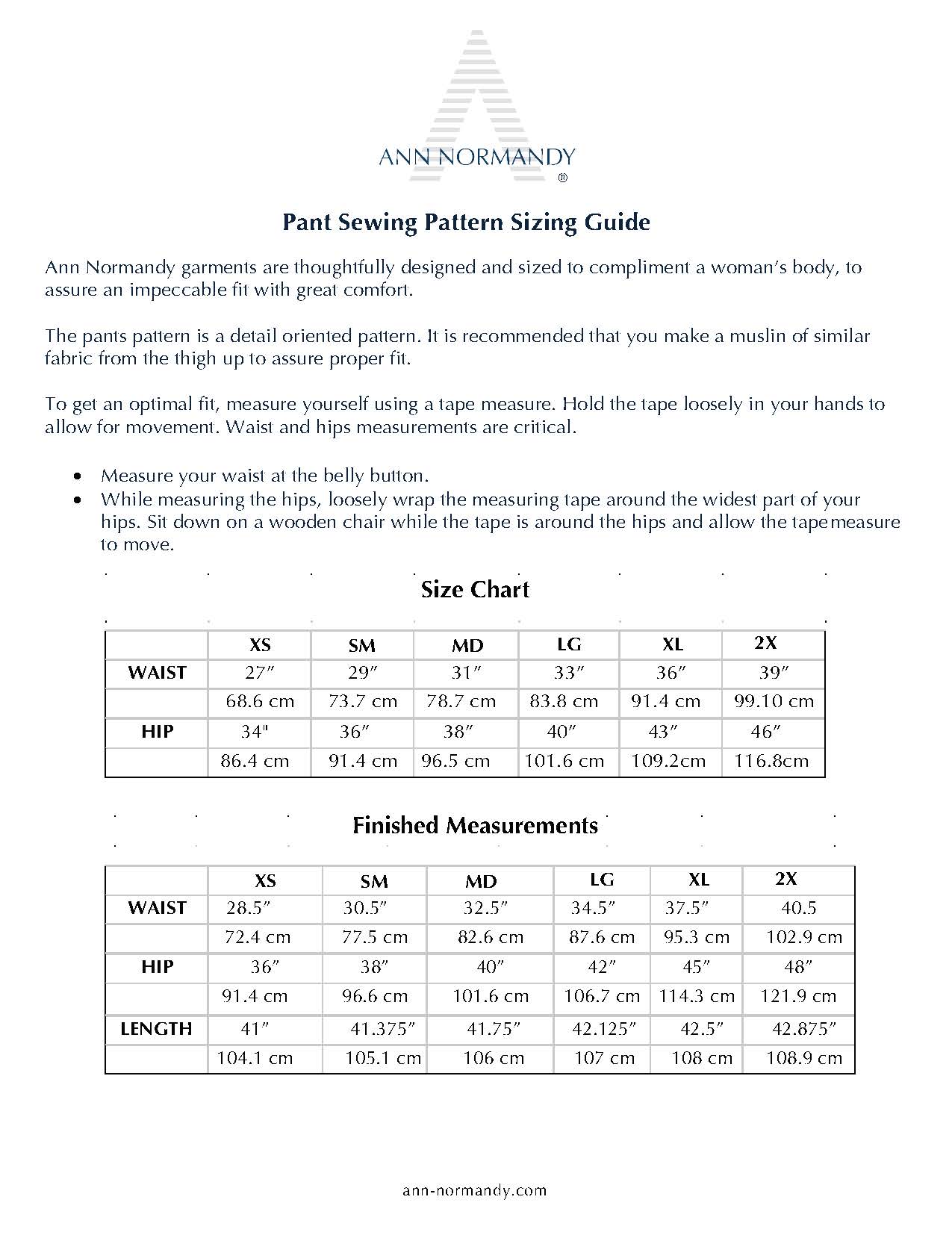 Sewing Pattern Size Chart