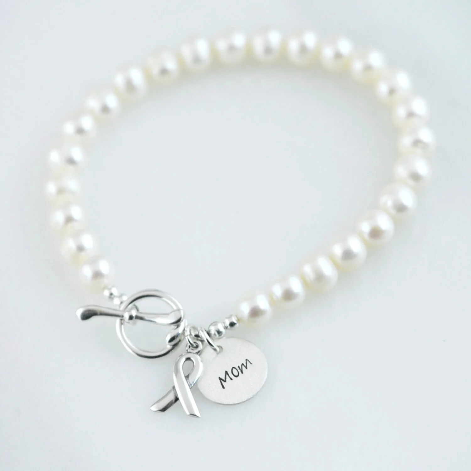 Fresh Water Pearl Silver Ribbon Cancer Awareness Mom
