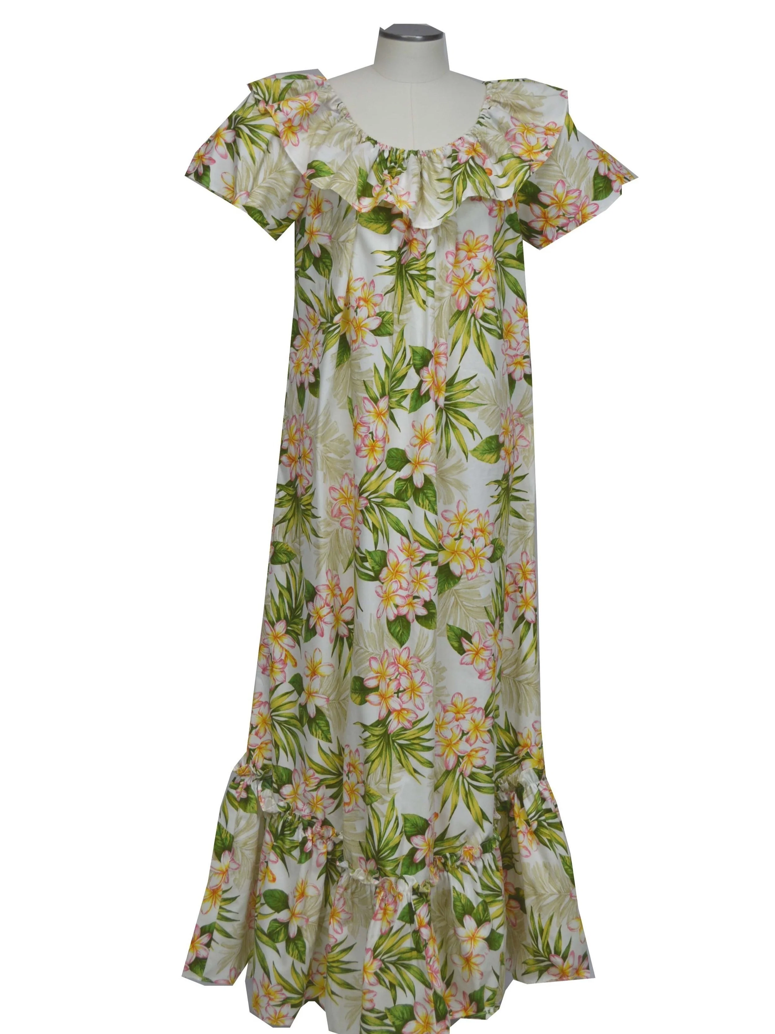 3LM-544W - Plumeria Dream Design Long White Cotton Muumuu