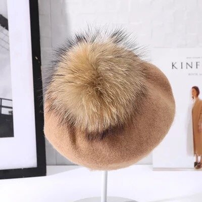 Wool Felt Beret with detachable Genuine Fur Pom Pom-Assorted