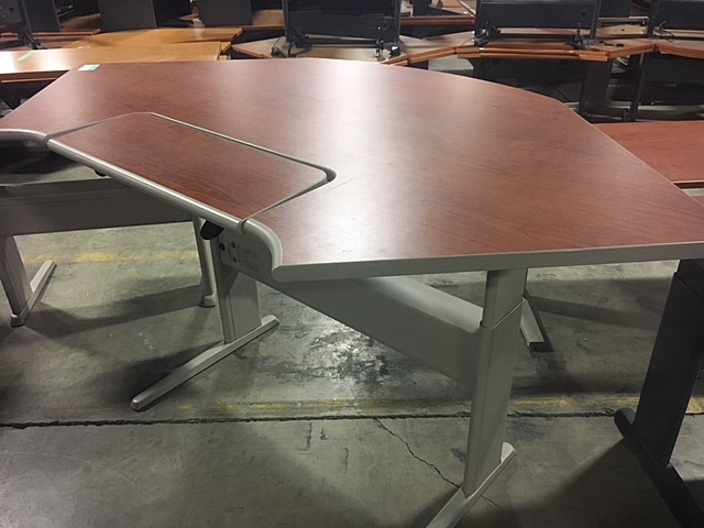 Sit Stand Corner Desk W Adjustable Keyboard Cherry Light Grey