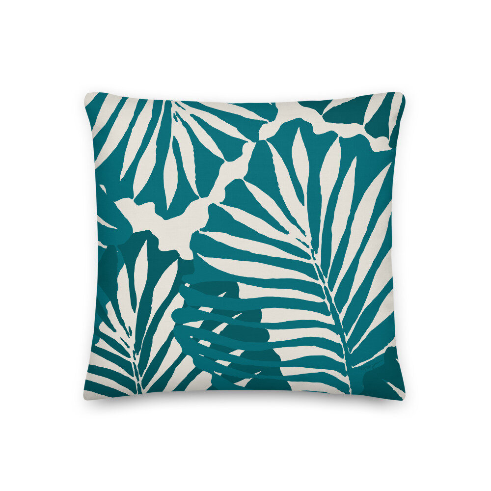 KD Spain — Palm Leaf Teal Tropical Woodblock Style Colorful Throw Pillow  Accent Decor