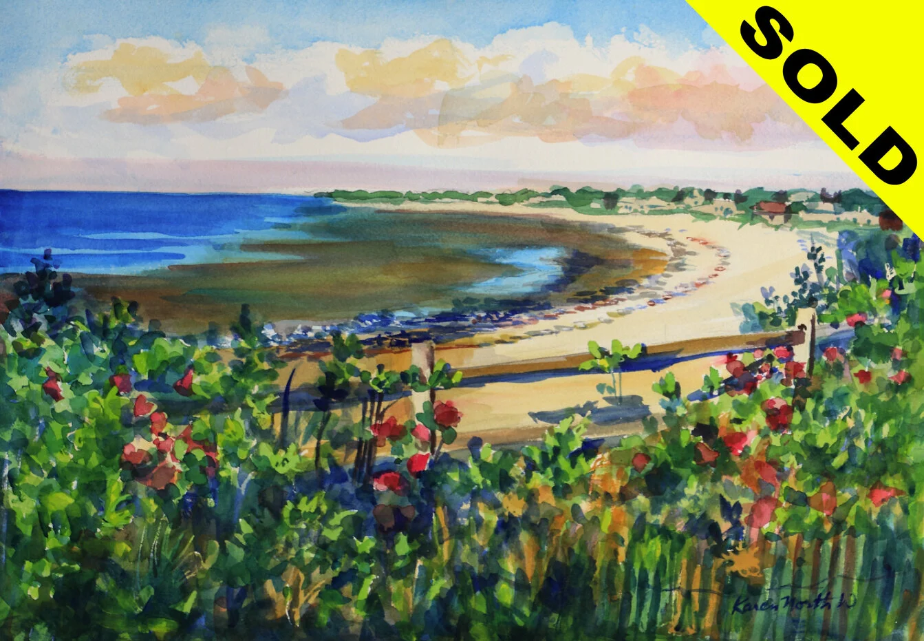 Corporation Beach With Roses Watercolor 20x14 Matted 26x20