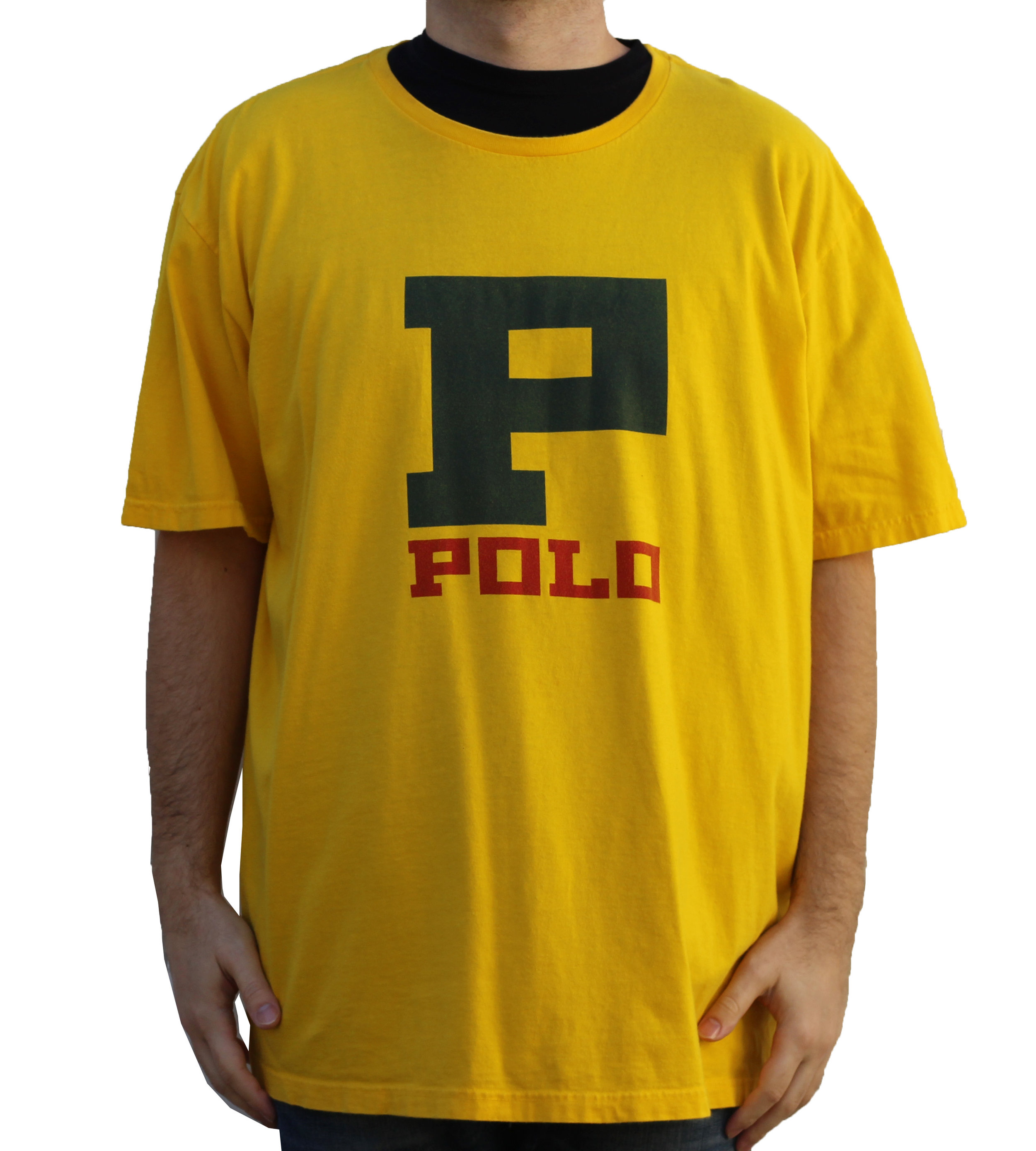 Vintage Polo Ralph Lauren P Logo Yellow T Shirt Size Xxl Roots