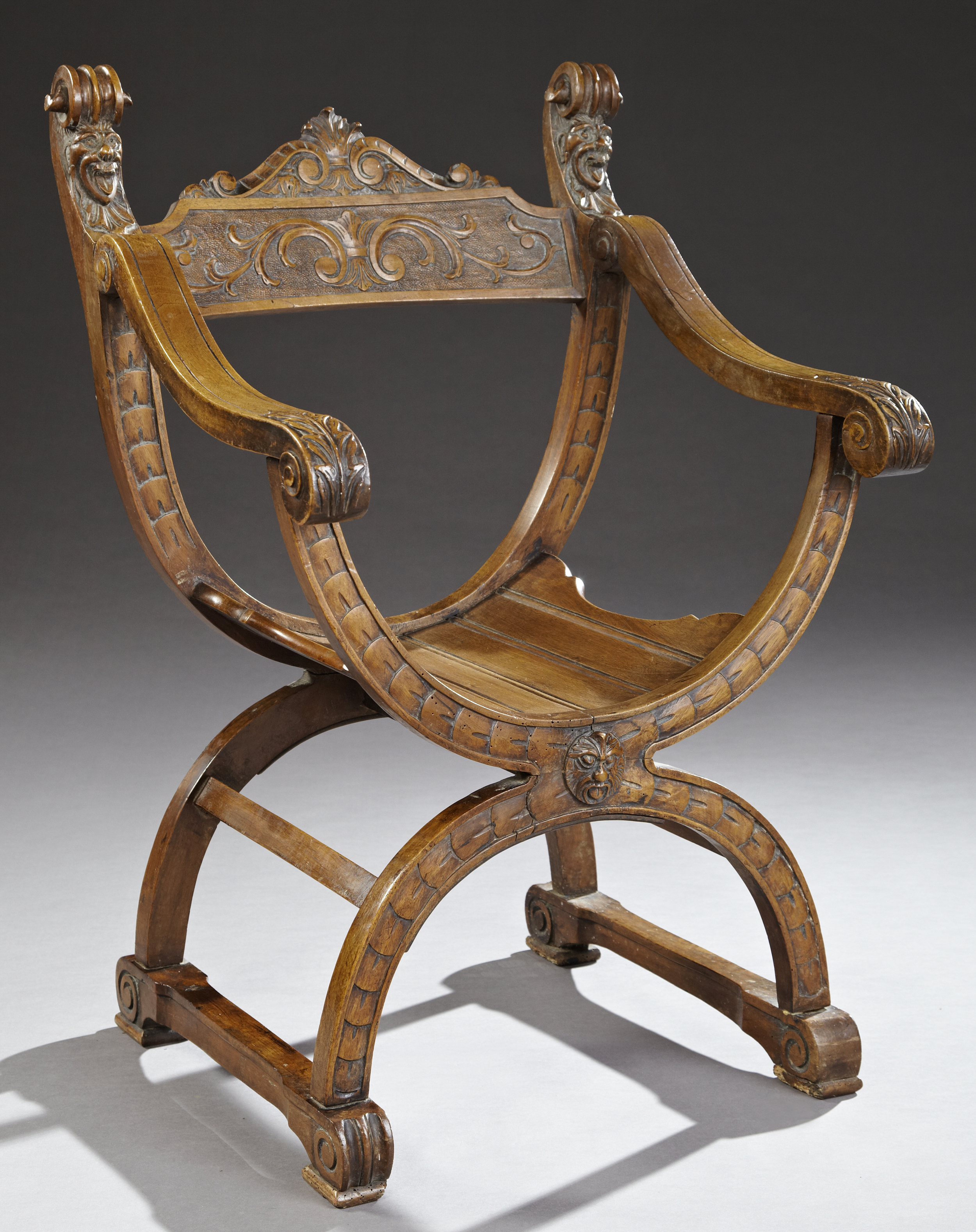 19th C French Renaissance Revival Carved Walnut Savonarola Chair