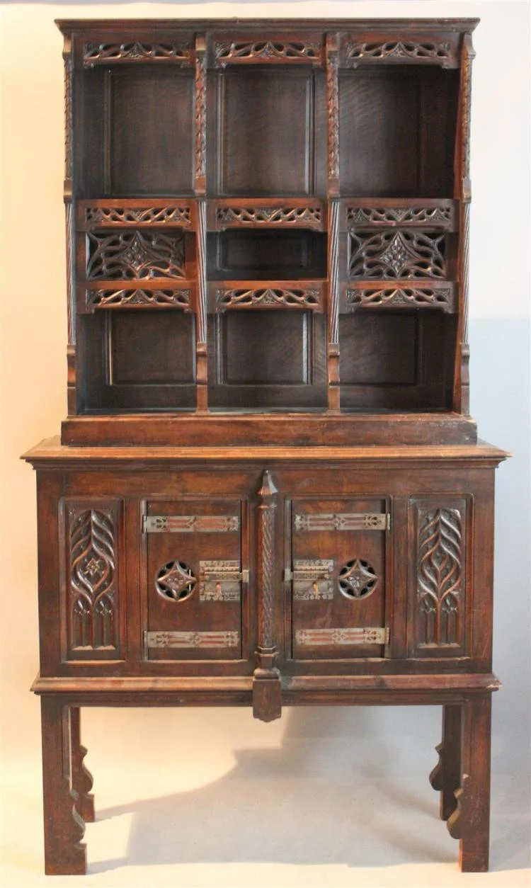 Large Gothic Revival Carved Walnut Display Cabinet On Stand