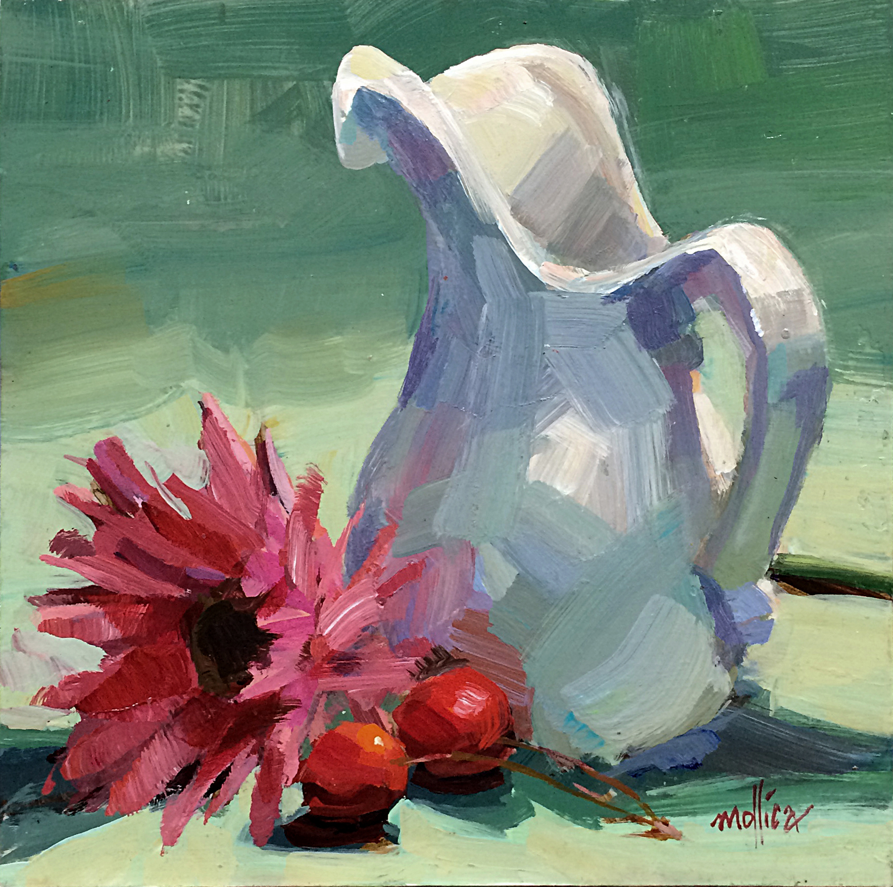 Sold White Pitcher And Pink Daisy 8x8 Paintings By Patti Mollica