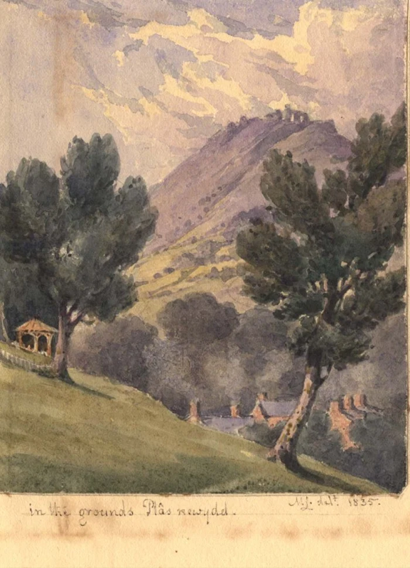 A watercolor of their Llangollen estate by Mary Parker: the caption reads, “In the Grounds, Plâs Newydd, 1835” (The Ladies of Llangollen Wordpress)