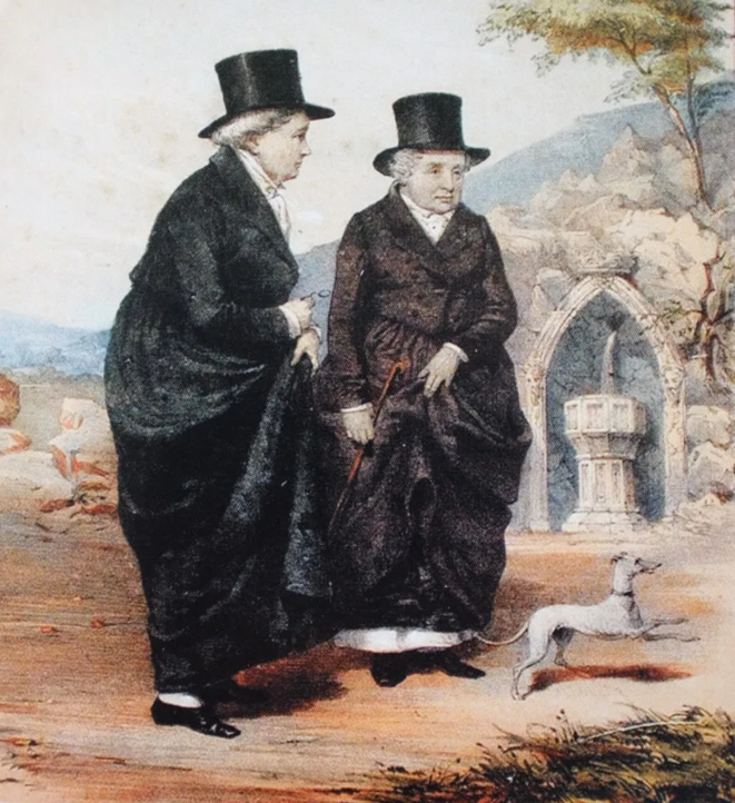 The Ladies of Llangollen, aka Lady Eleanor Butler and Ms. Sarah Ponsonby, plus a yappy dog (told ya). (Portrait 1830, James Henry Lynch. National Museum of Wales)