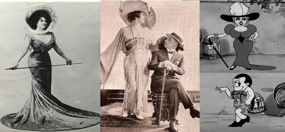 Fig 5-8, left to right: female impersonators Julian Altinge & Bert Savoy; a Mae West facsimile is revealed to be Buddy in drag in Buddy’s Beer Garden (1933) dir. by Earl Duval.