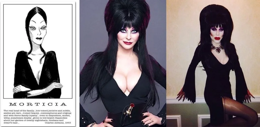 Fig 1-3, left to right: Morticia Addams by Charles Addams (1963); Elvira, Mistress of the Dark; drag queen superstar Sharon Needles as Elvira