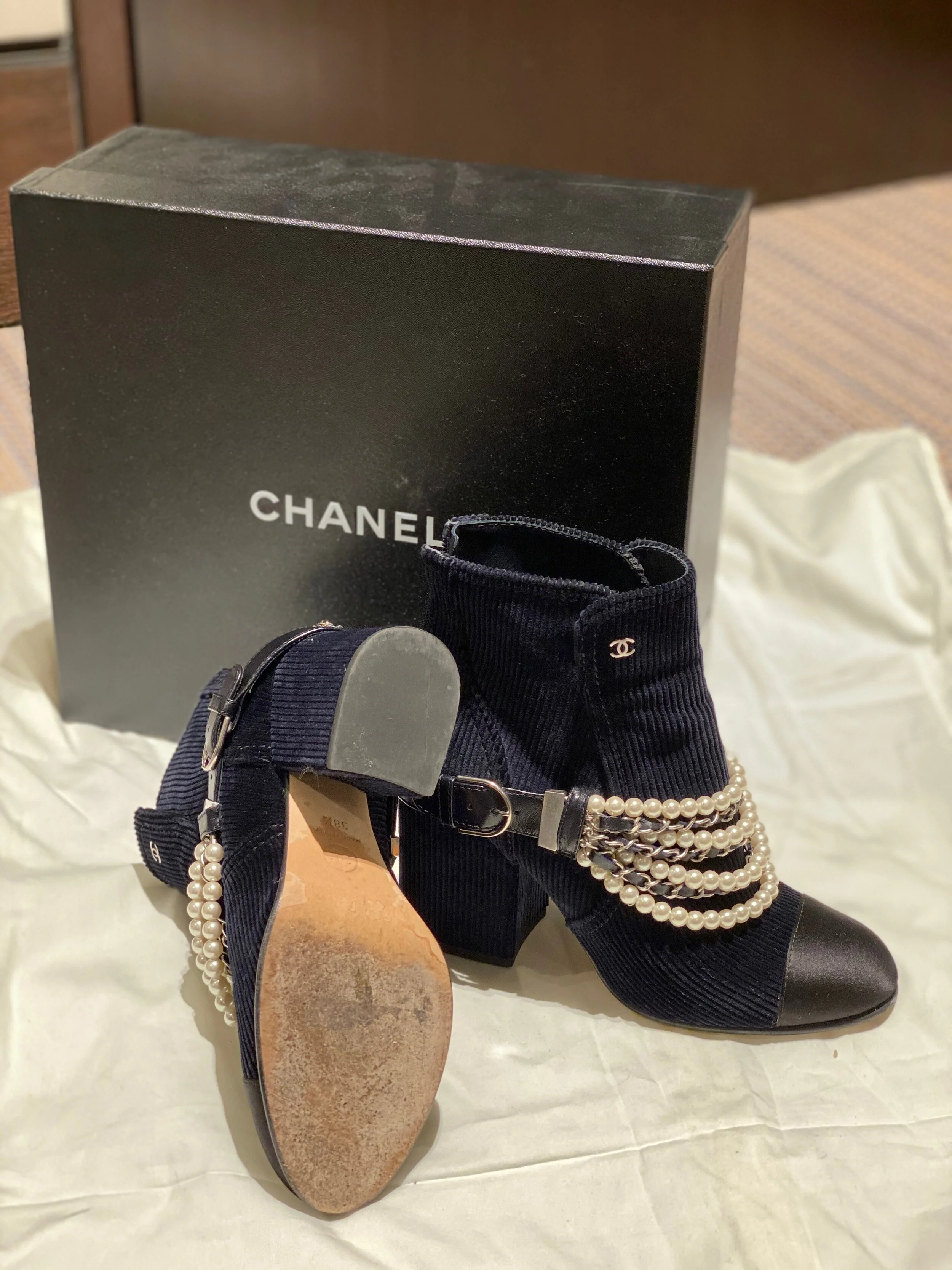 chanel ankle boots with pearl
