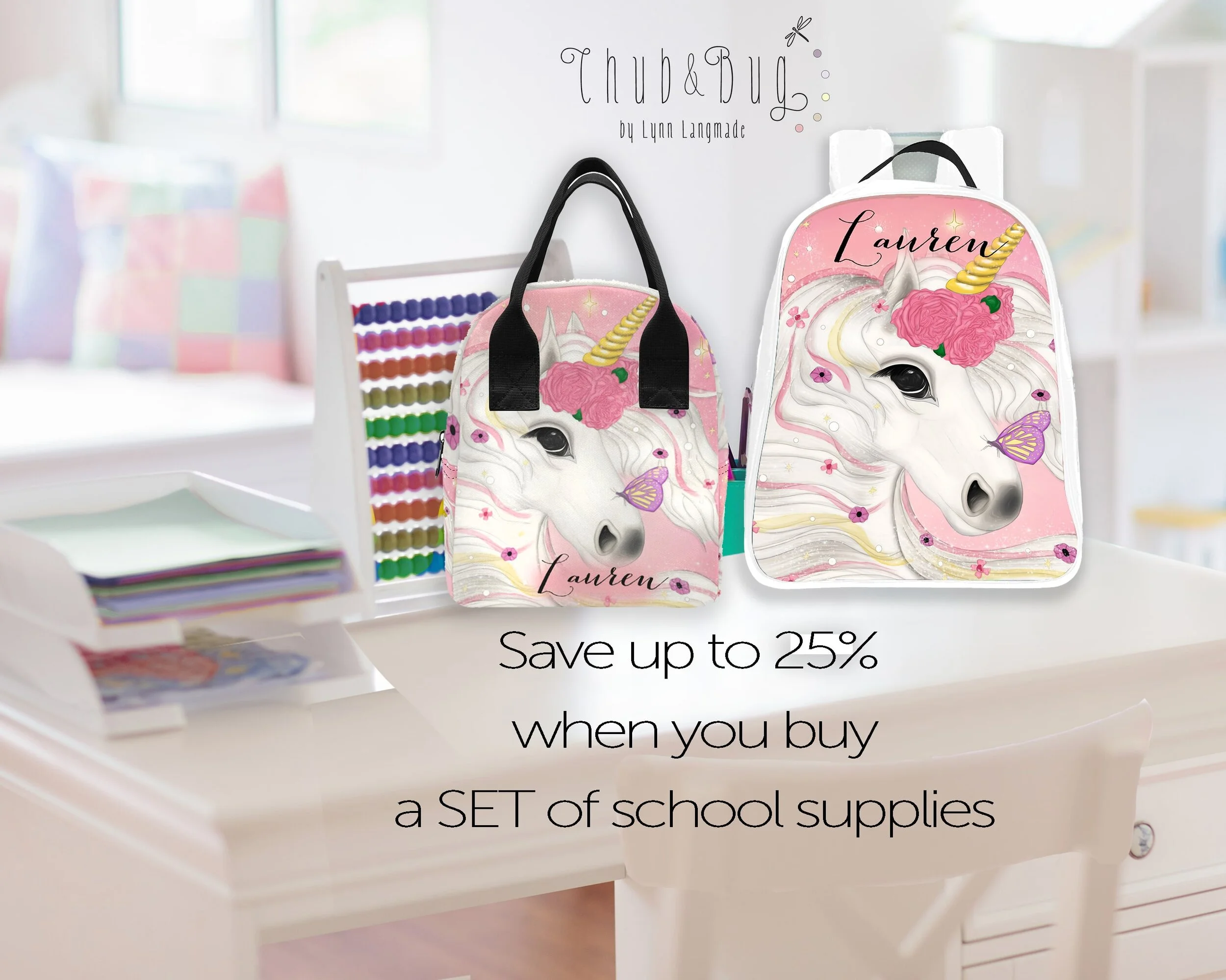 Personalized Backpack And Lunch Bag Set In White And Pink Chub