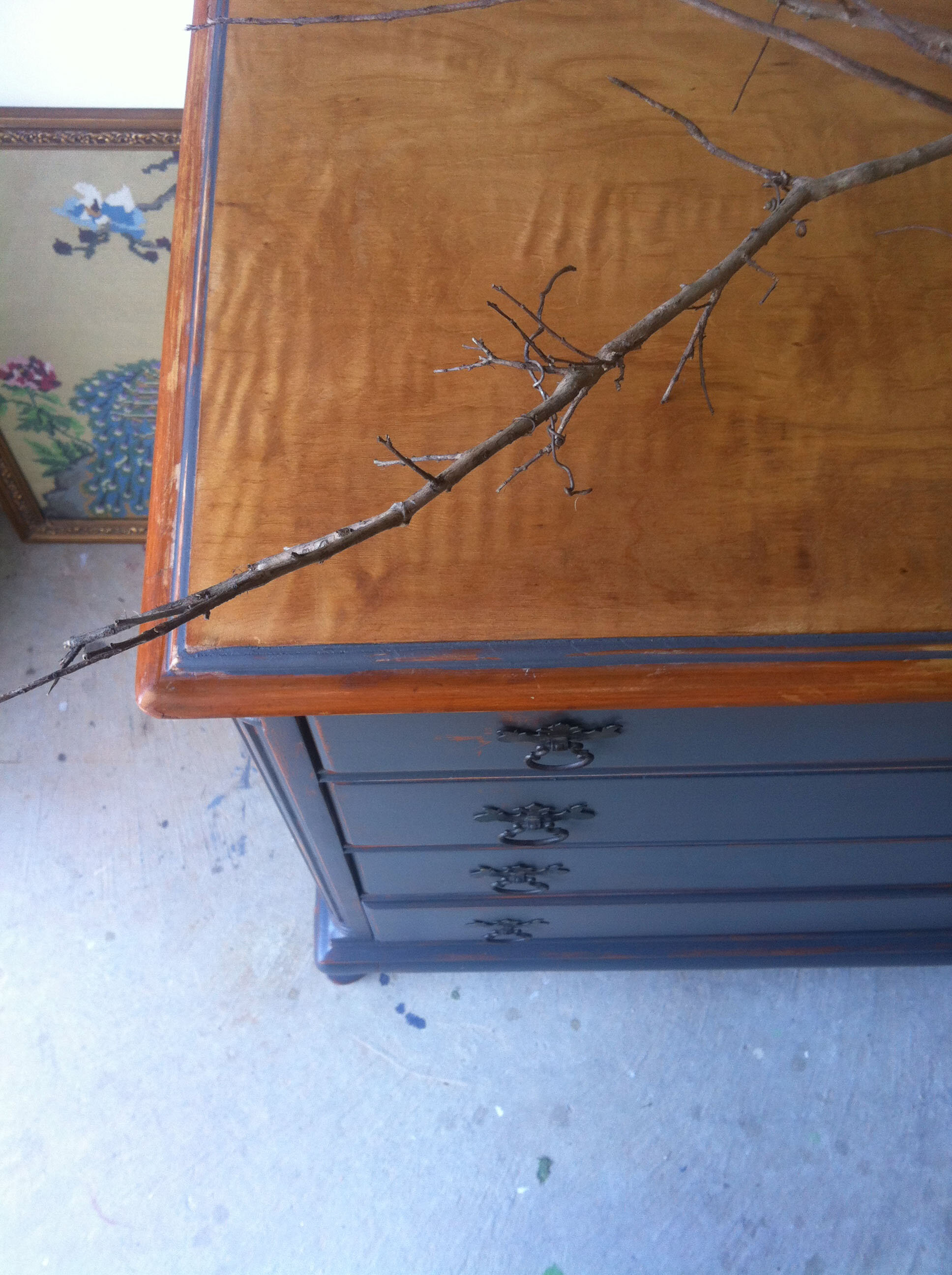 Solid Mahogany Dresser In Charcoal With Light Wood Top 0202
