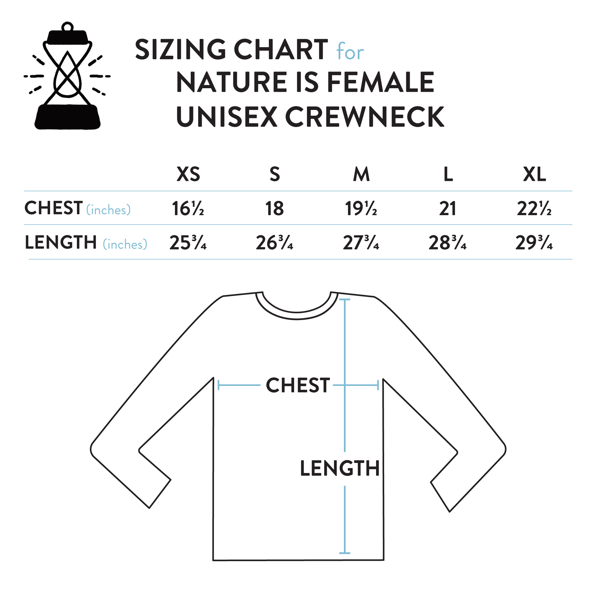 Unisex Crew Neck Sweatshirts Size Chart