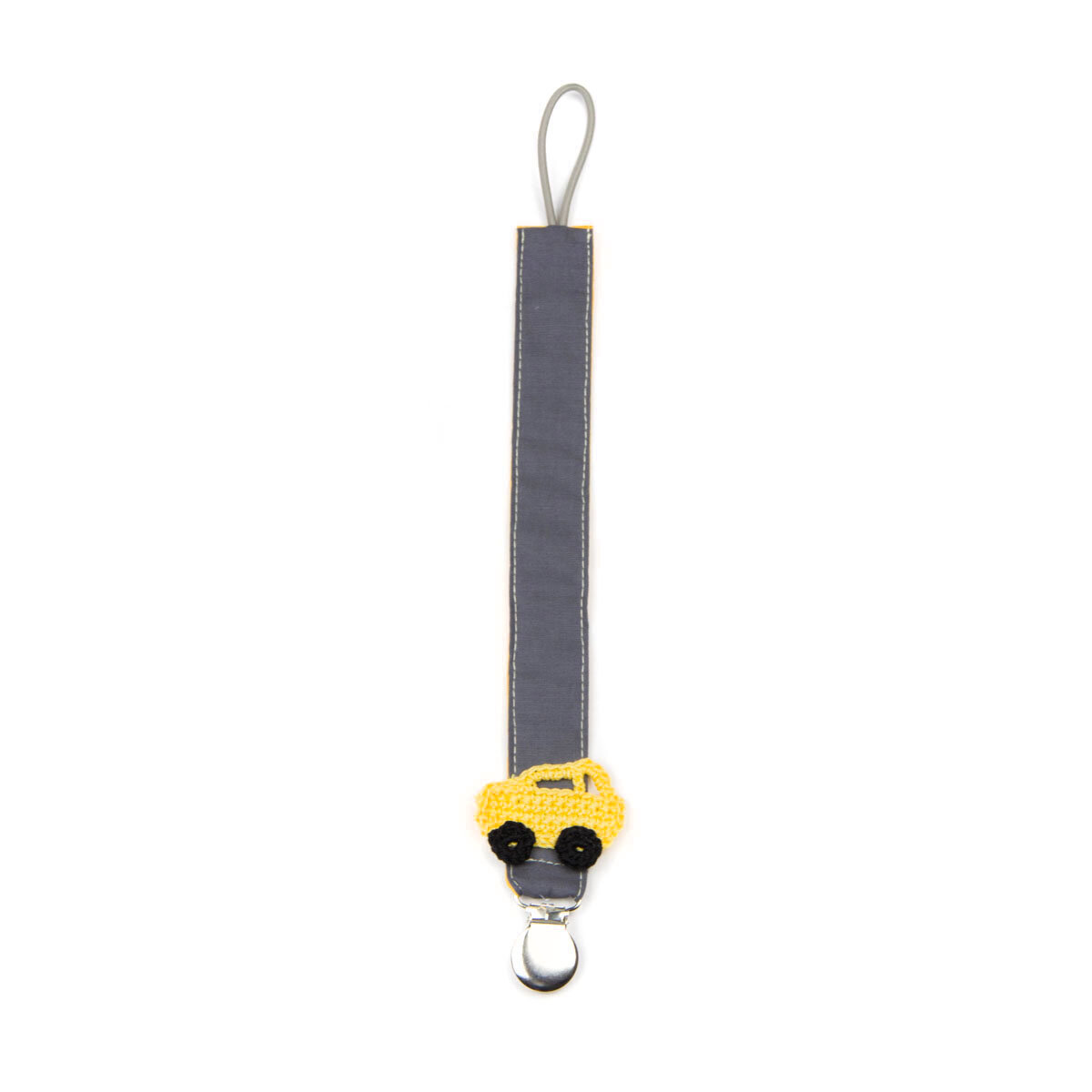 Grey Pacifier Clip in Yellow Car Design — THE DUCKIES - DESIGN STORE