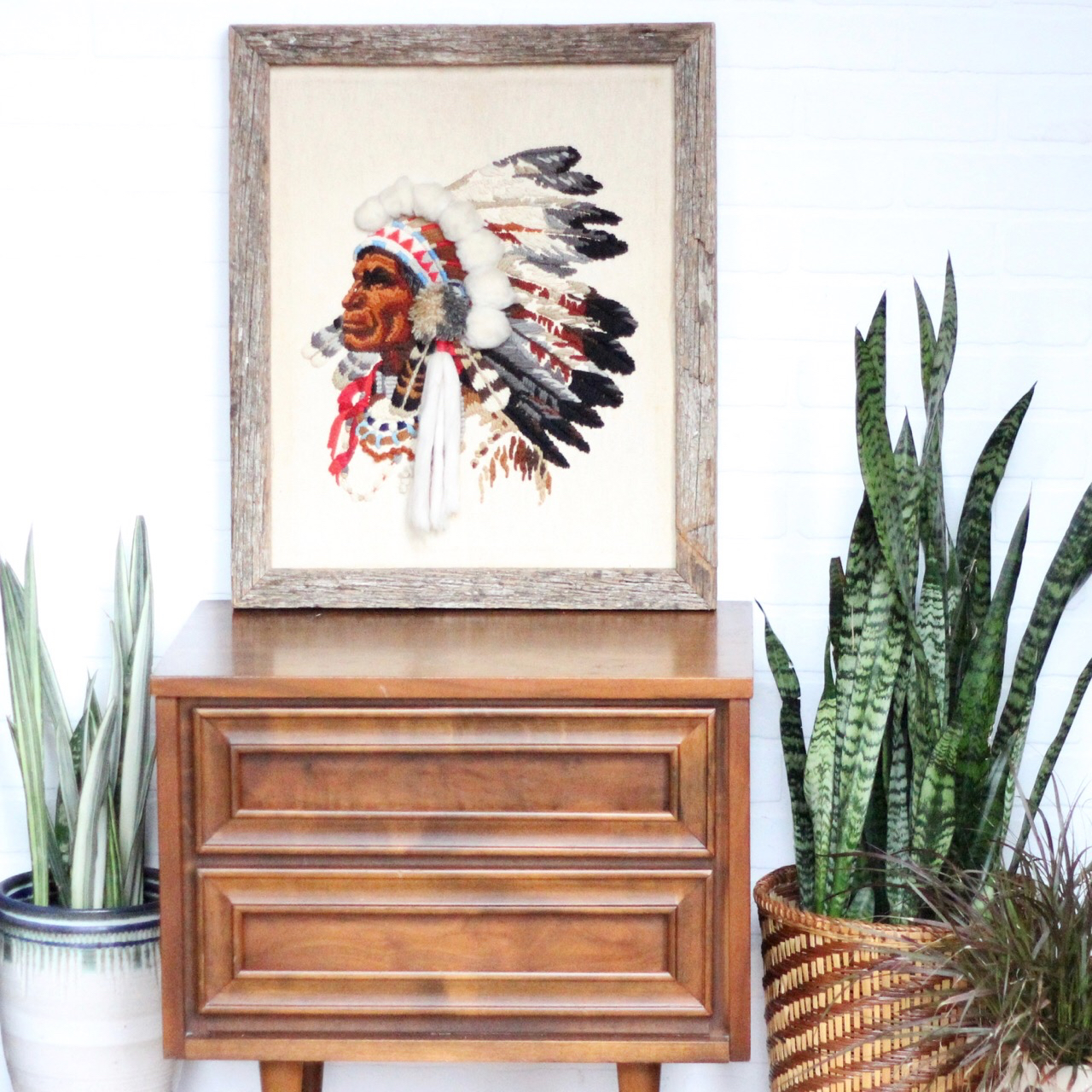 Native American Chief Stitched Framed Art Vintage Home Decor