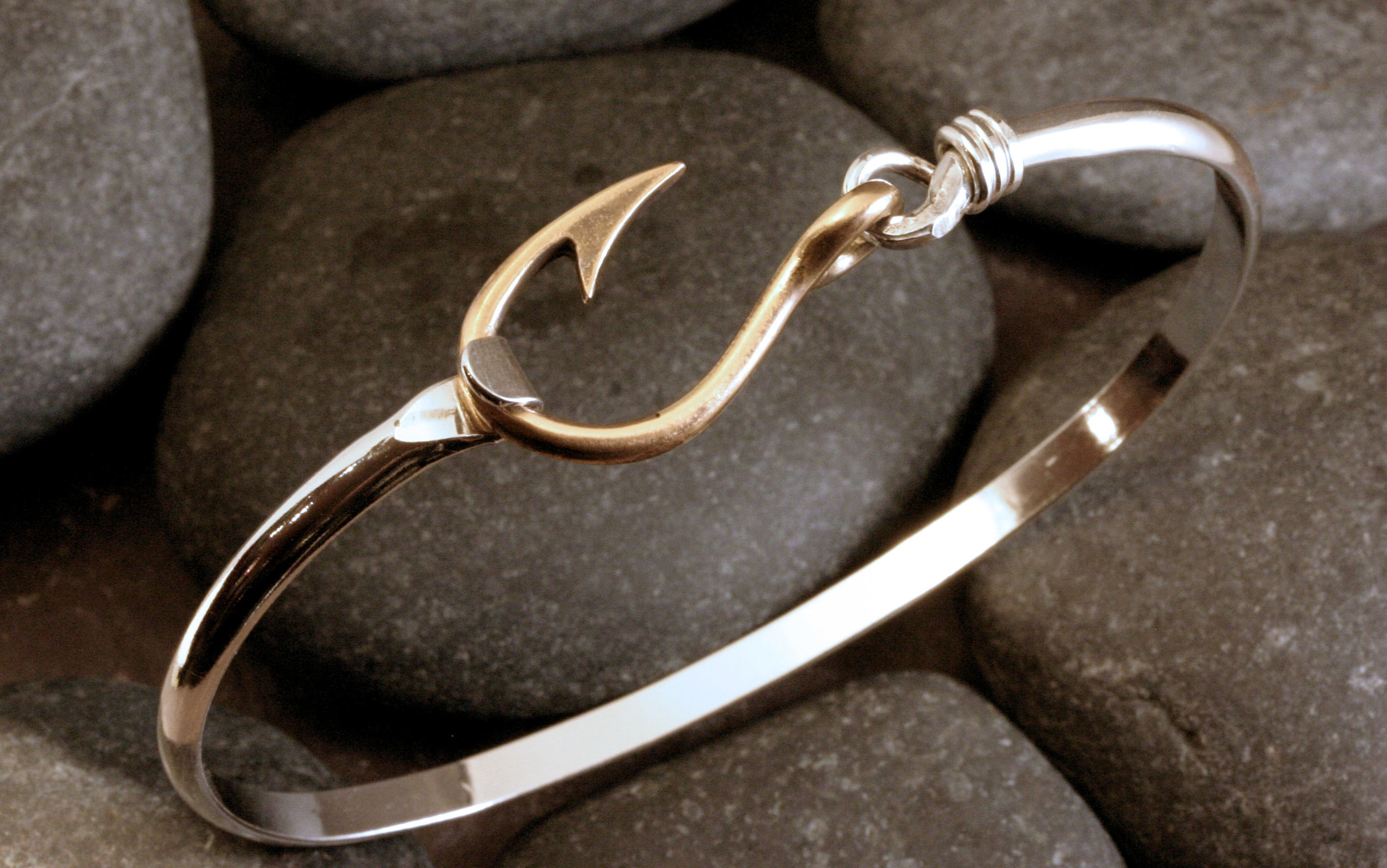 Fish Hook Bracelet, Sterling Silver or Sterling Silver & Bronze