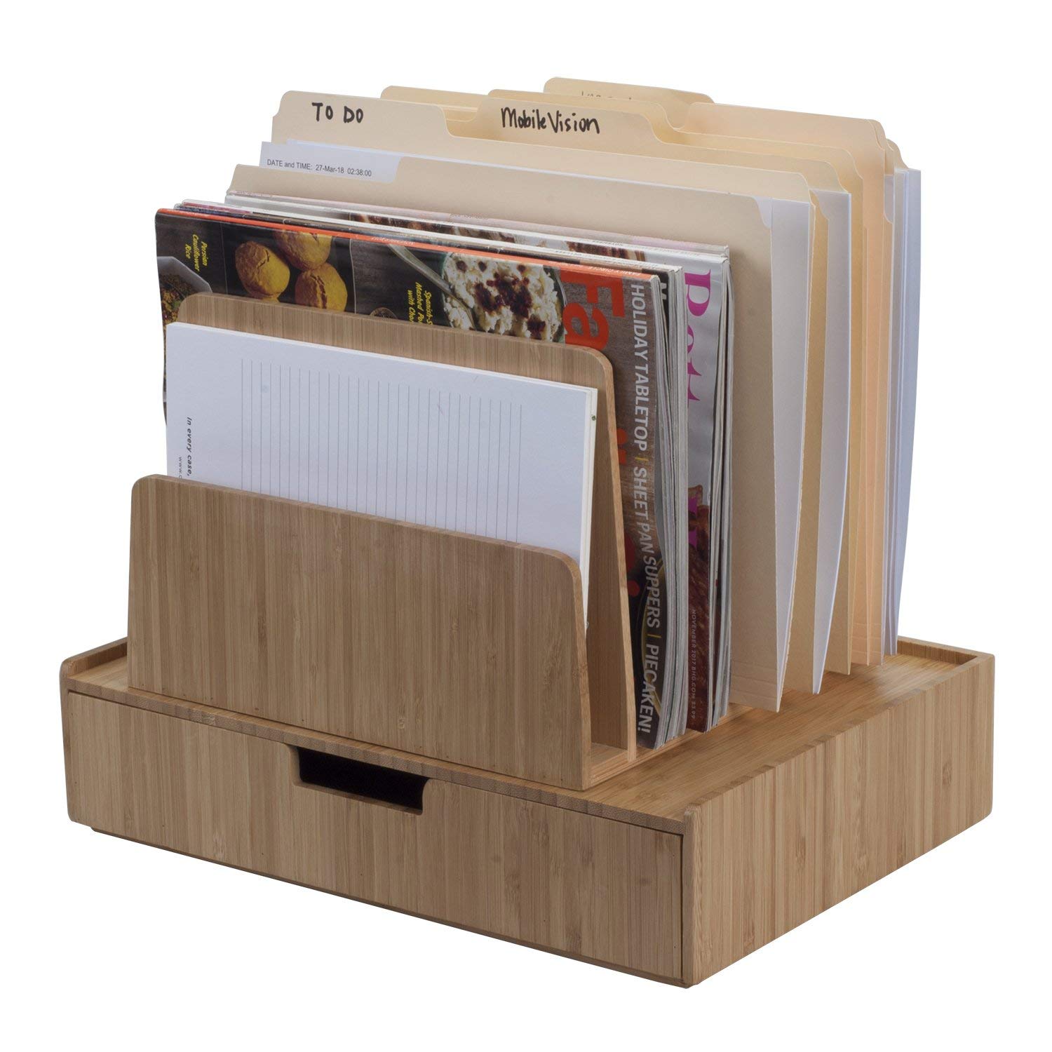 Bamboo Desktop File Folder Organizer 7 Slot W Drawer Combo Bamboo Desktop File Folder Organizer 7