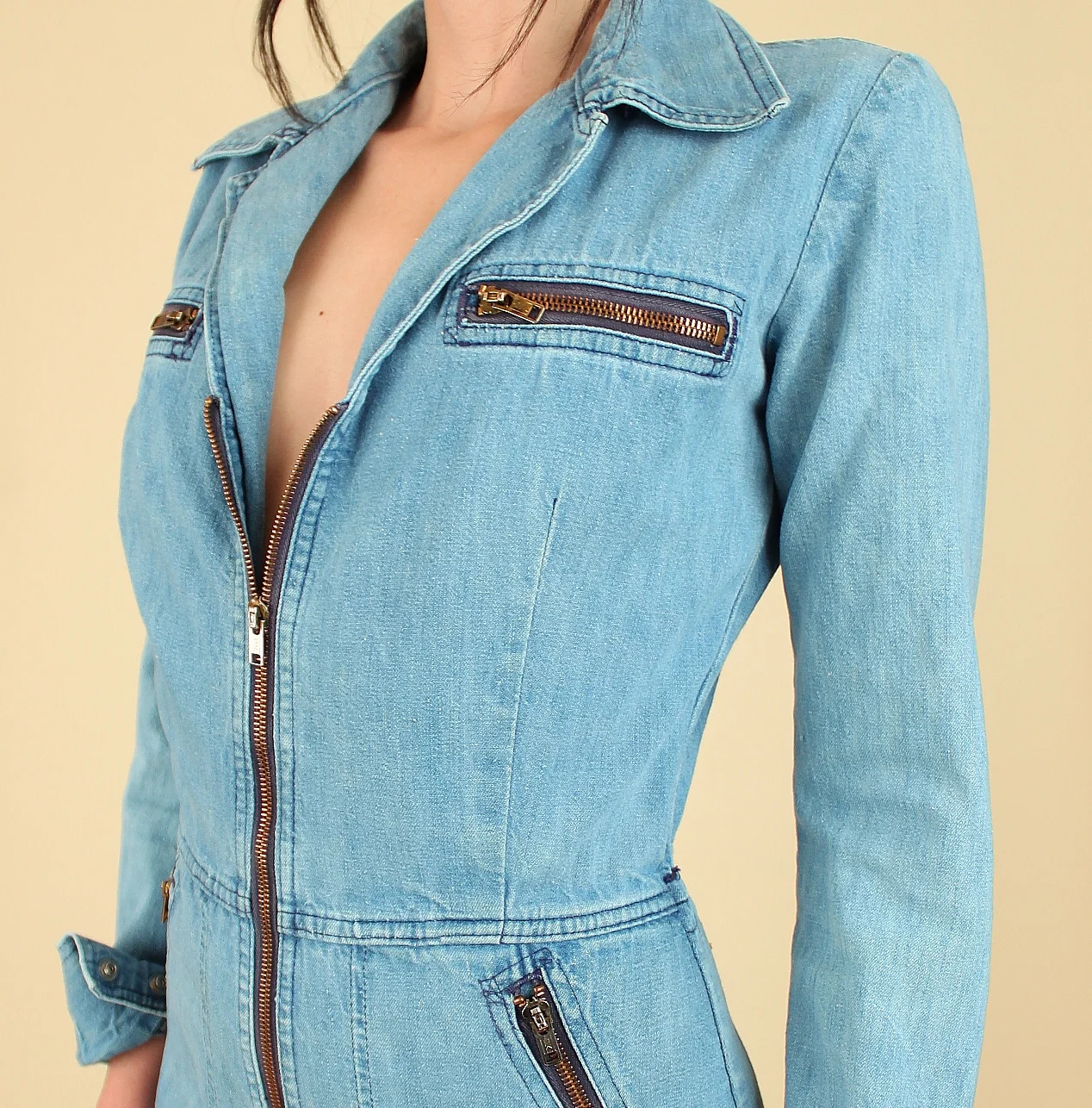 denim zipper jumpsuit
