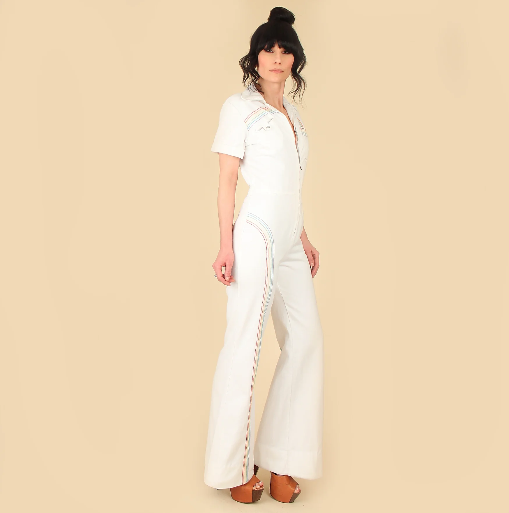 white bell bottom overalls