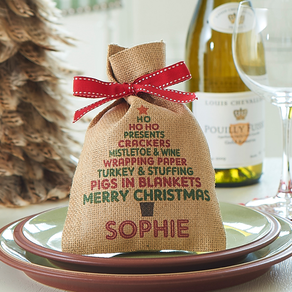 Personalised Mini Sack Table Favour Christmas Tree Design