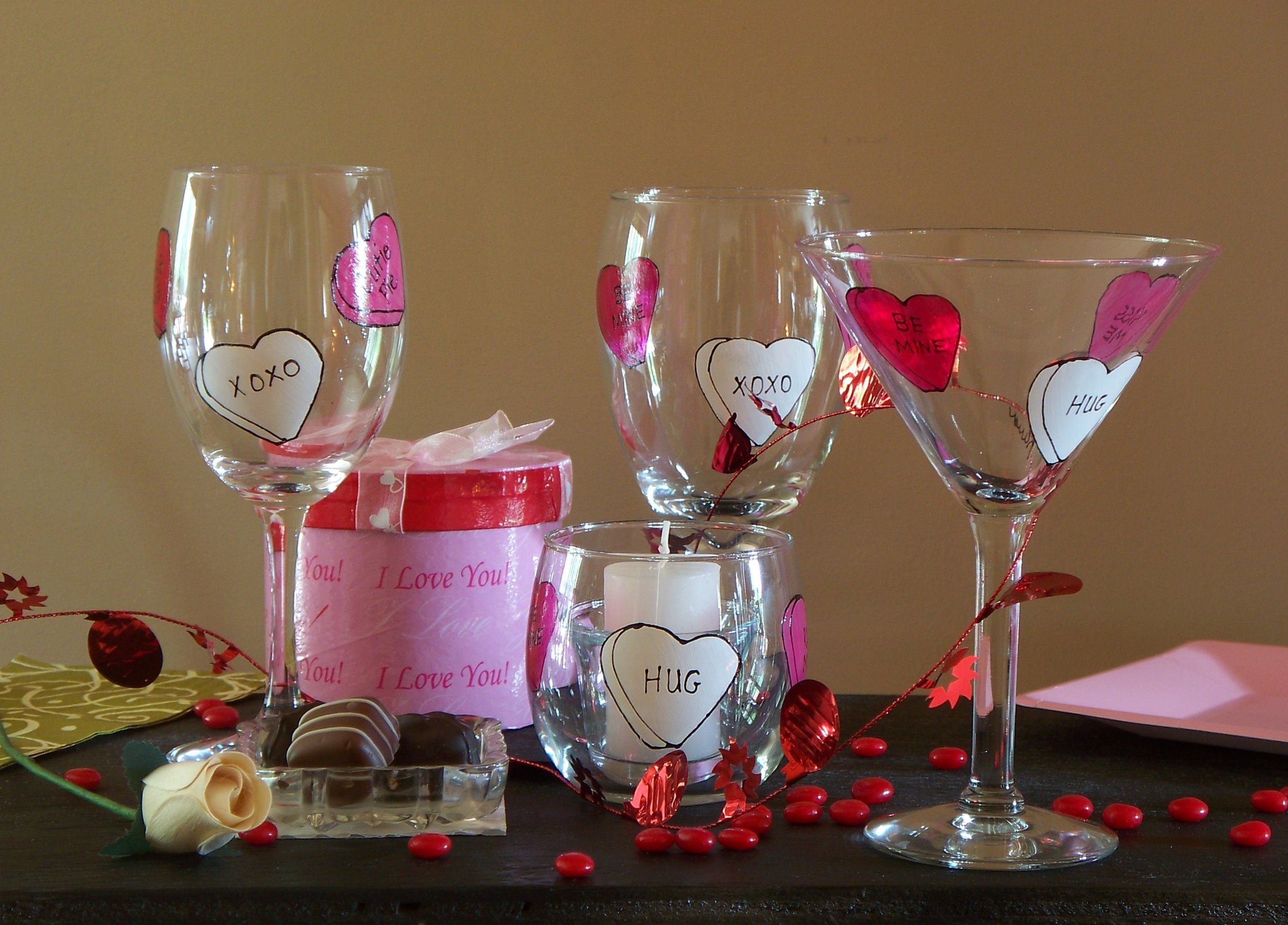 Valentine S Day Wine Glass Candy Hearts Hand Painted