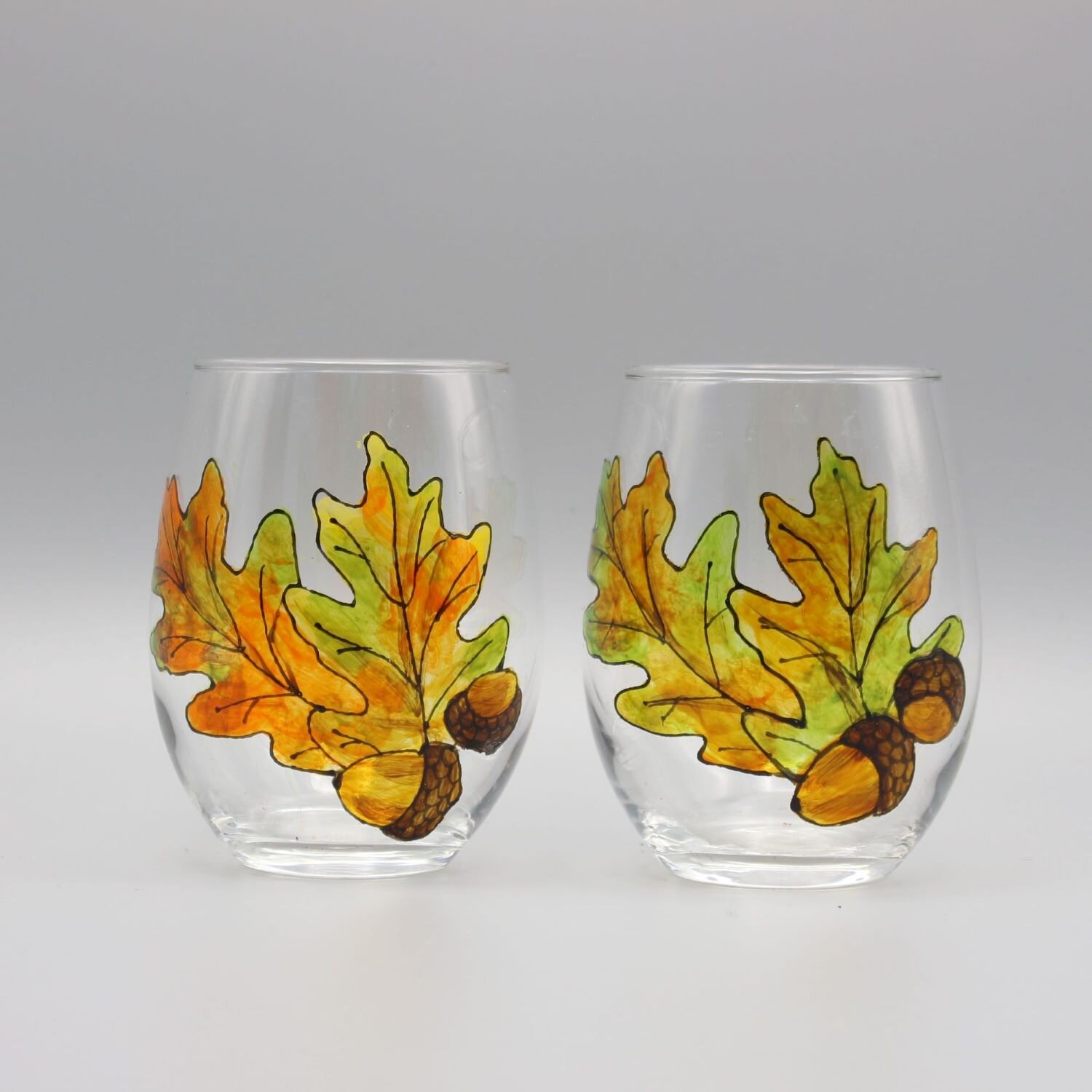 Stemless Wine Glass Painted With Green Gold Leaves Neutral 
