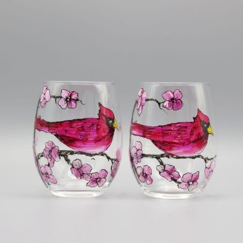  Hand Painted Martini Glasses - Winter Snow with Red Cardinal  (Set of 2) : Handmade Products