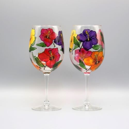 Pair of Wine Glasses Hand Painted Flowers Orange Pink Very Nice