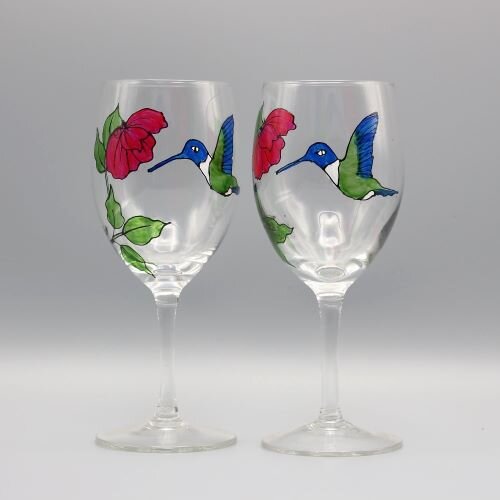 Handpainted Wine Goblets Set of Two Butterflies Flowers Painted