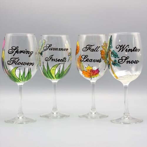 GKWW 4pcs Hand Painted Wine Glass Four Seasons Tree Wine Glasses Fall Leaves Flower Seasons Colored Wine Glasses for Wine Cocktails Novelty Gift for