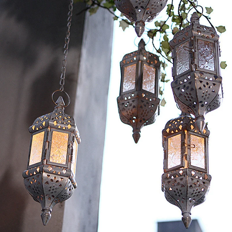 Home Decor Vintage Metal Hollow Glass Moroccan Hanging Tea Light Holder Decorative Lantern Candle Small Tealight Moonshine Clothing