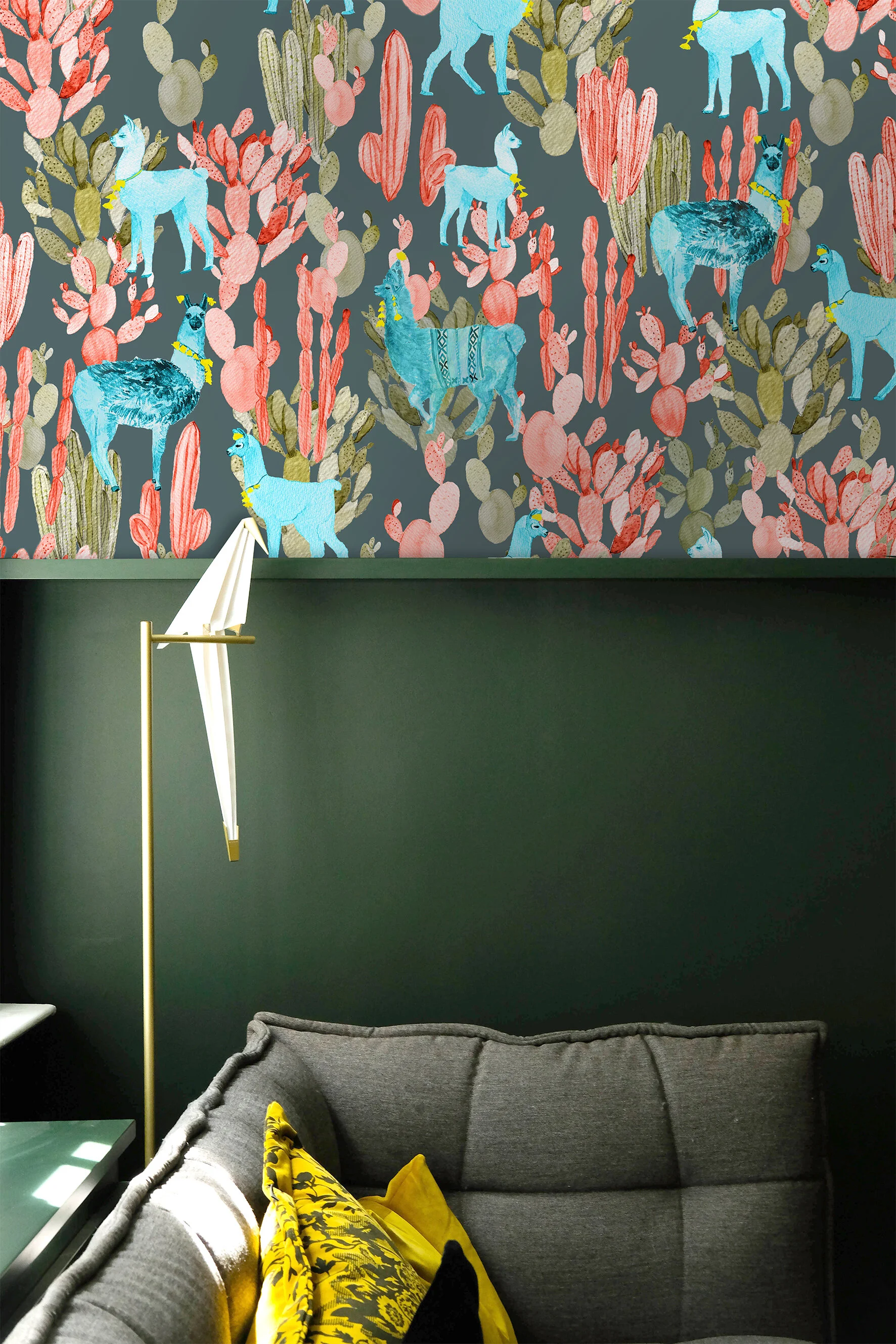 Wallpaper Roll Coral Lamas On Dark Green Kariokas