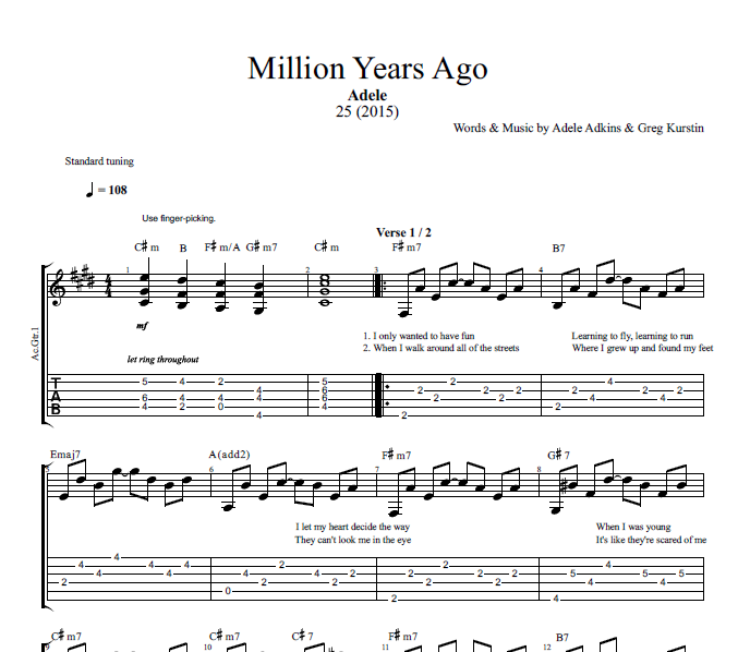 Million Years Ago Adele Guitar Bass Tabs Sheet Music
