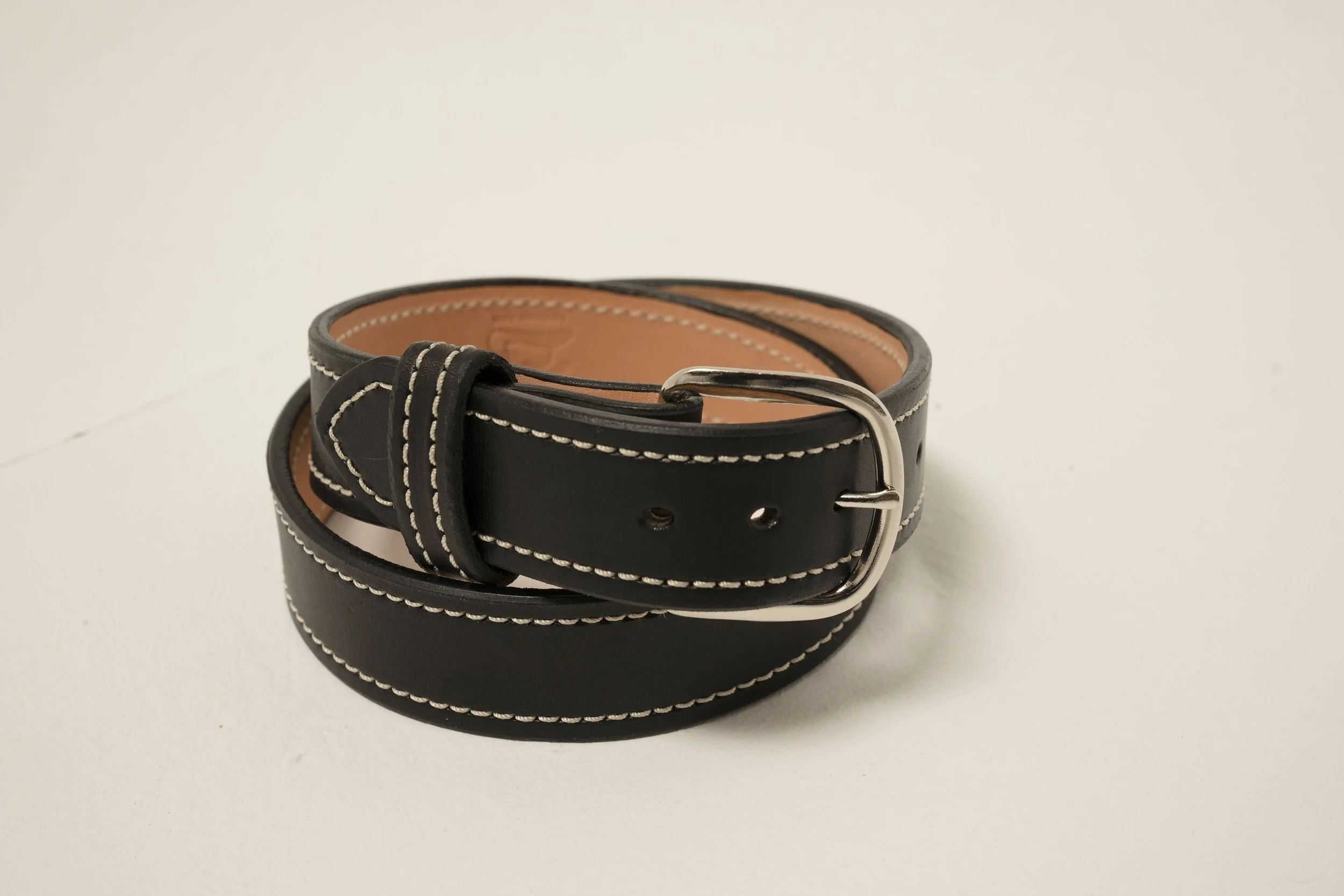 Bridle Belt in Polished Black Leather with White Top Stitch