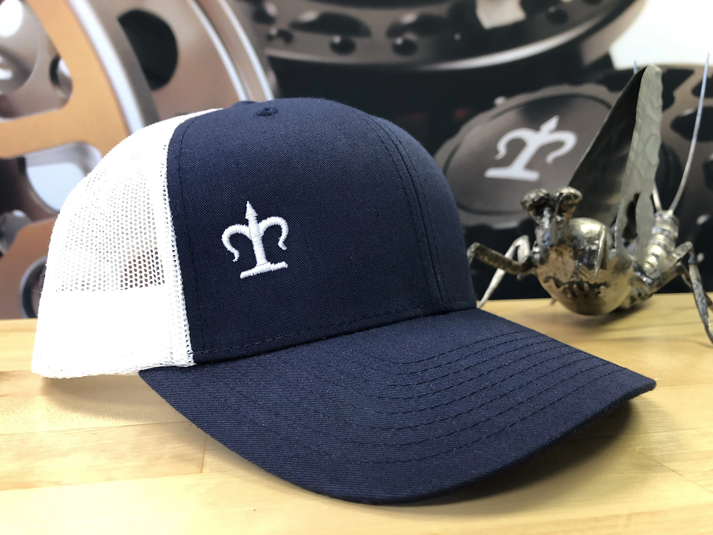 navy and white hat