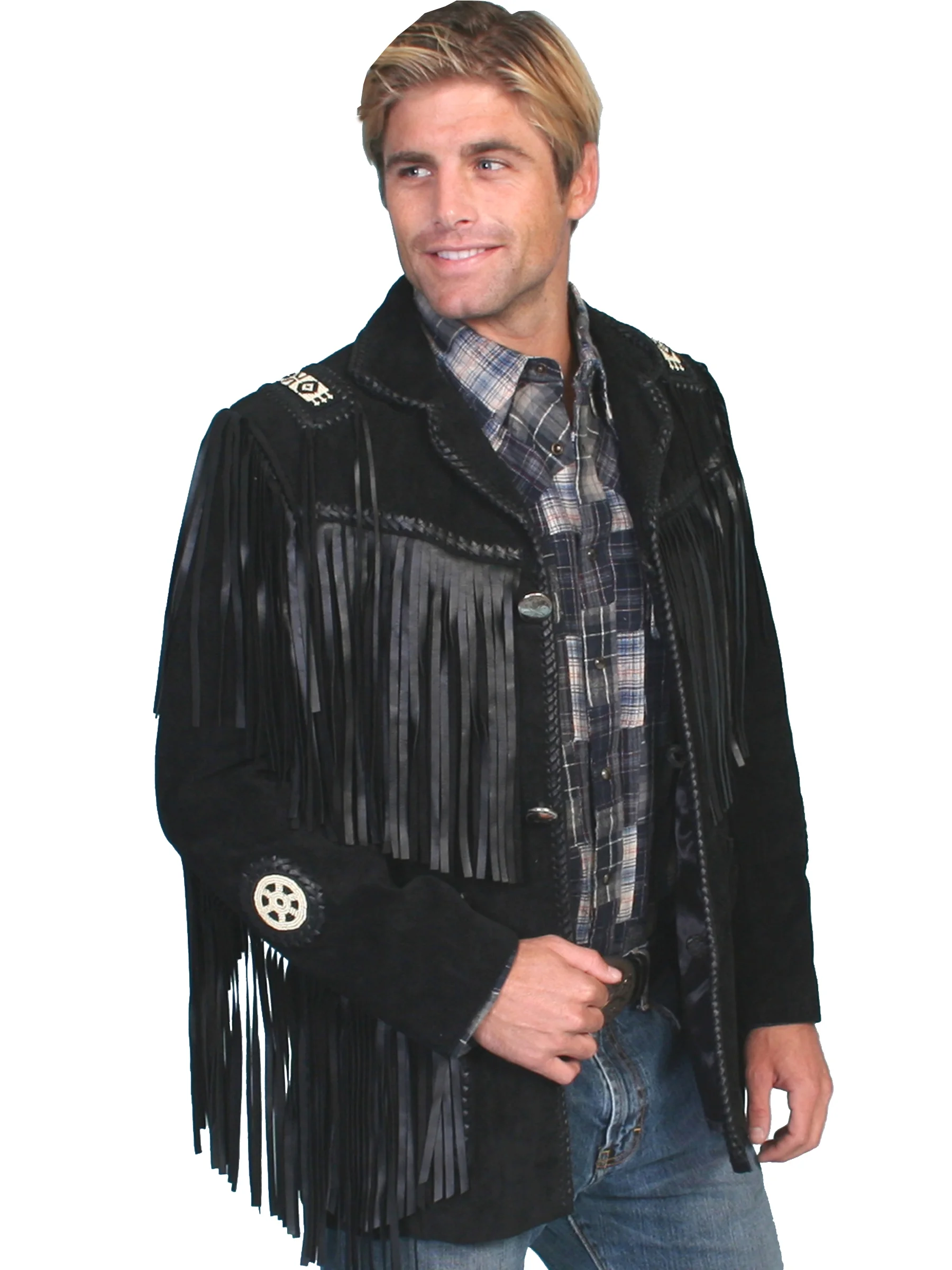 Mens Cowboy Jacket Suede Leather Western Fringes Beads American Indian 80/'s Coat