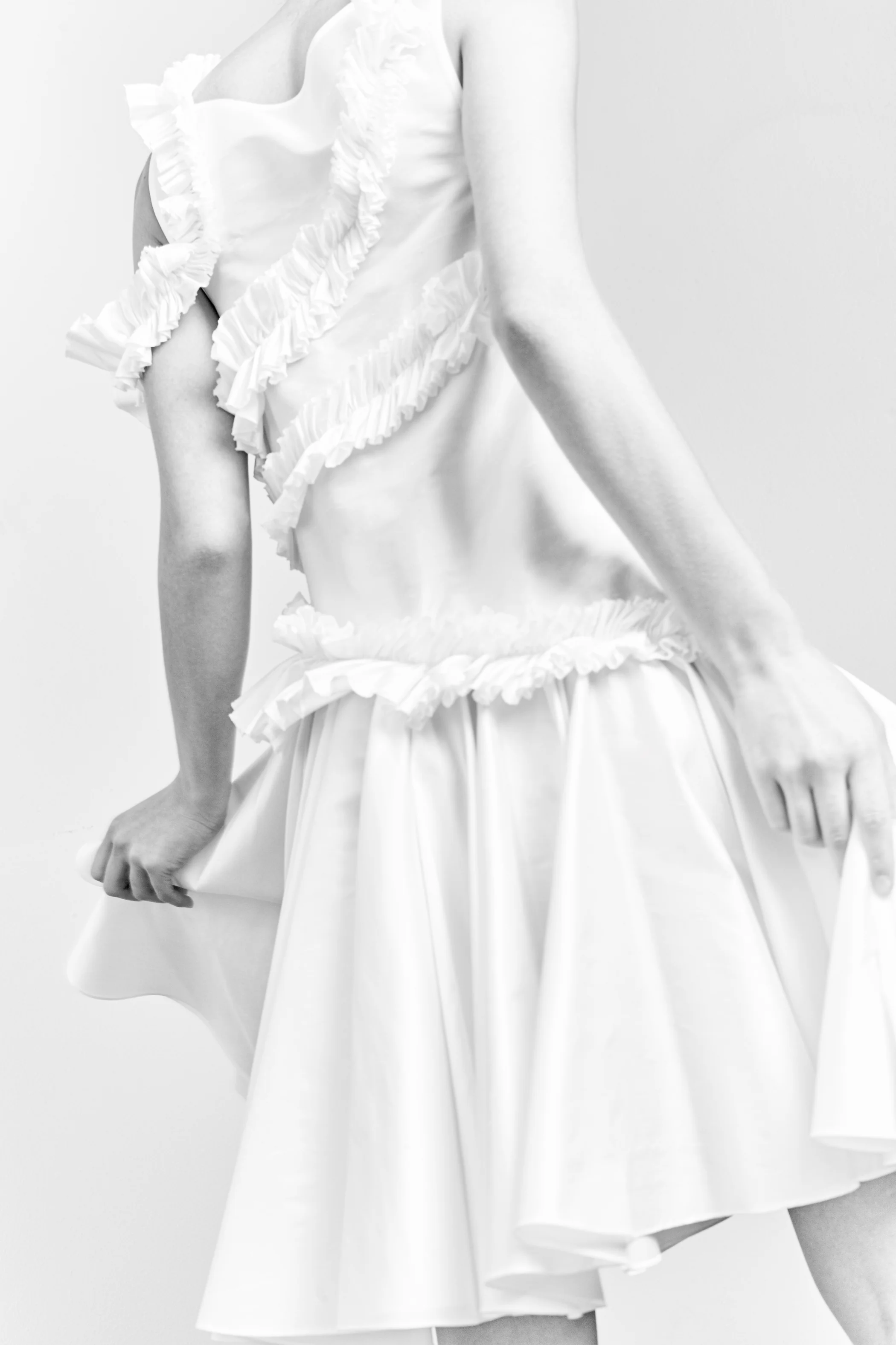 white asymmetrical ruffle dress