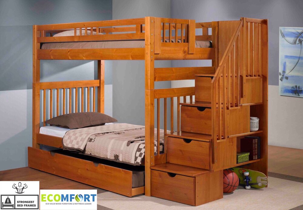 Solid Wood Bunk Bed With Staircase, Solid Wood Bunk Beds With Stairs