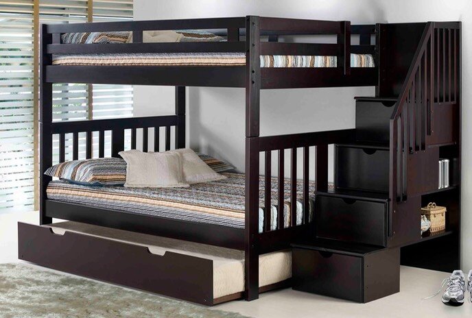 Full Over Bunk Bed With Staircase, 3 Mattress Bunk Beds