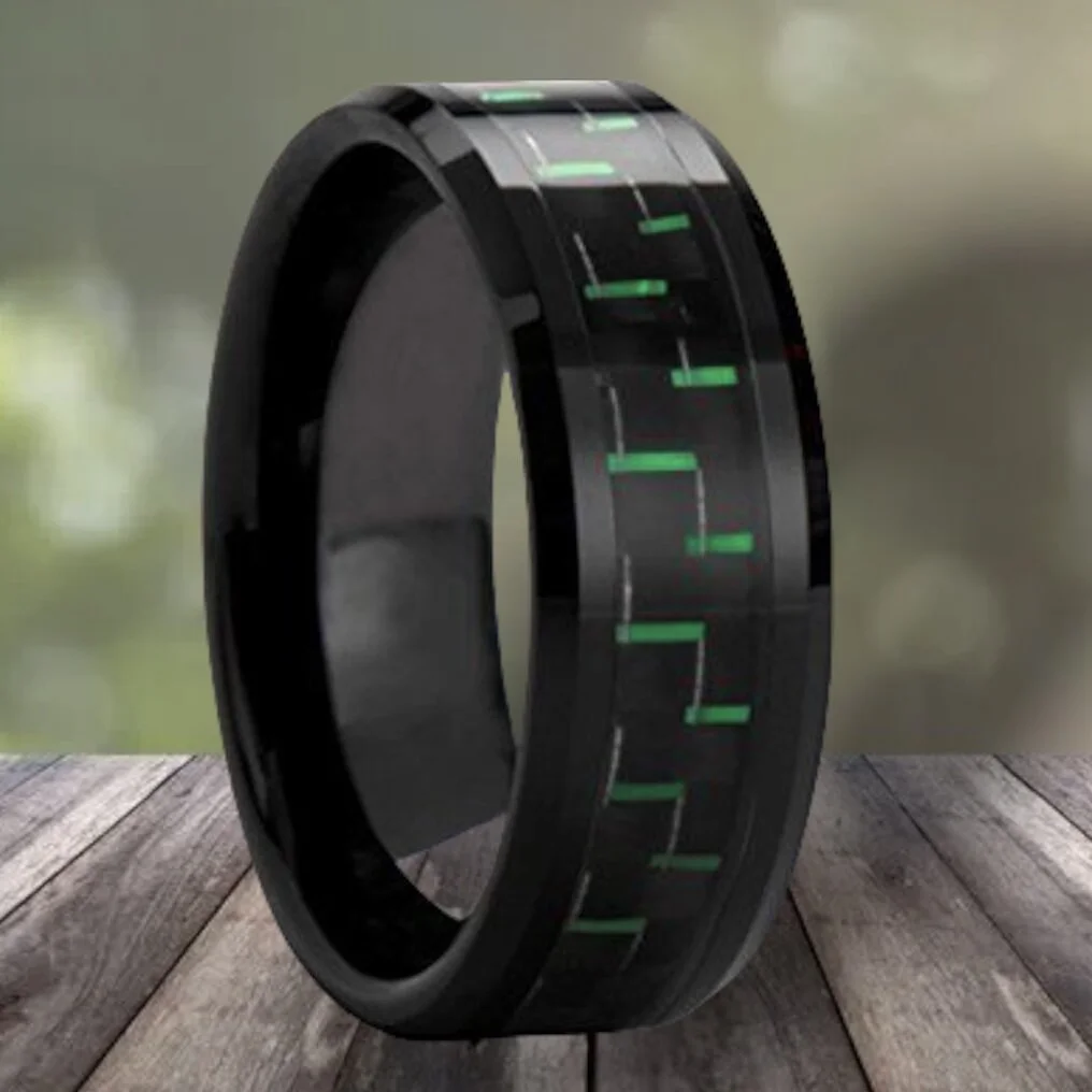 Black Green Carbon Fiber Tungsten Ring — JKCRings.com Unique